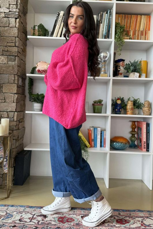 Big Softie Funnel Grunge Knit Hot Pink 